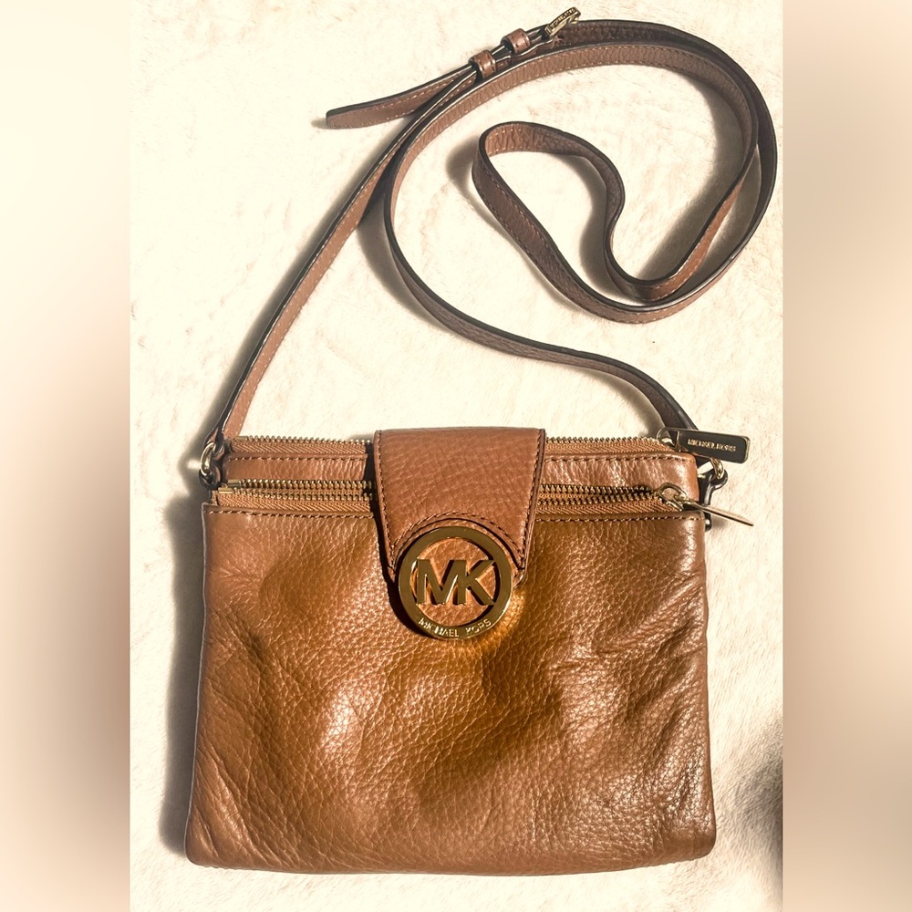 Michael Kors Tan Pebbled Leather Crossbody Bag with Gold Emblem